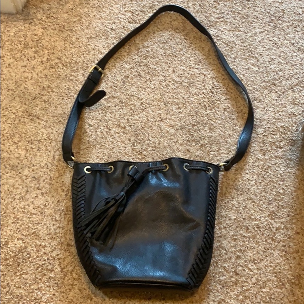 Faux leather black cross body bucket bag